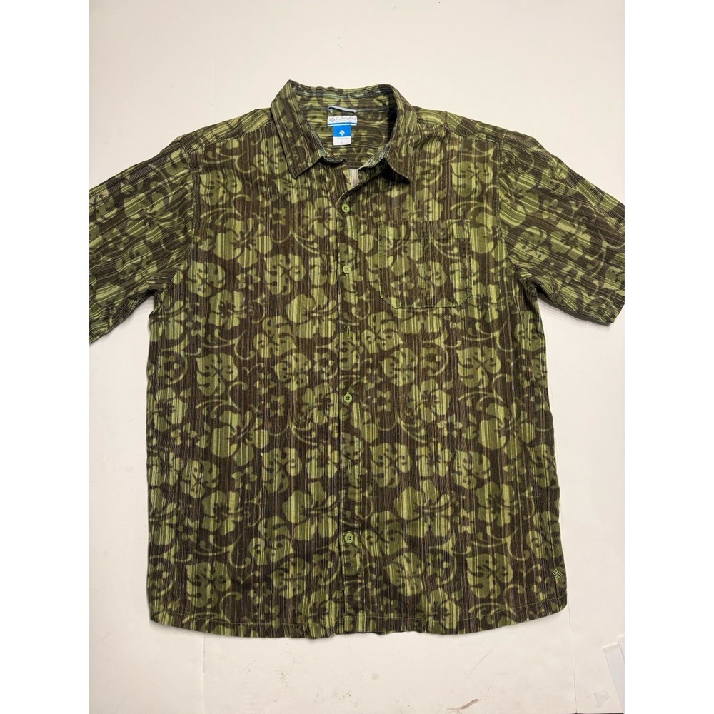 Columbia Sportswear Mens XL Tropical Leaf Hawaiian Shirt Green Brown Button Up